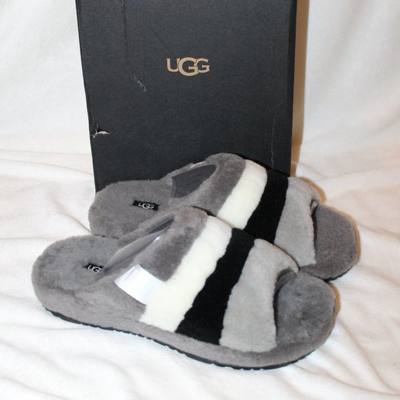 NIB UGG MEN'S FLUFF YOU SLIP ON SHEARLING SLIPPERS GRAY‎ WHITE BLACK 10 - Picture 1 of 7
